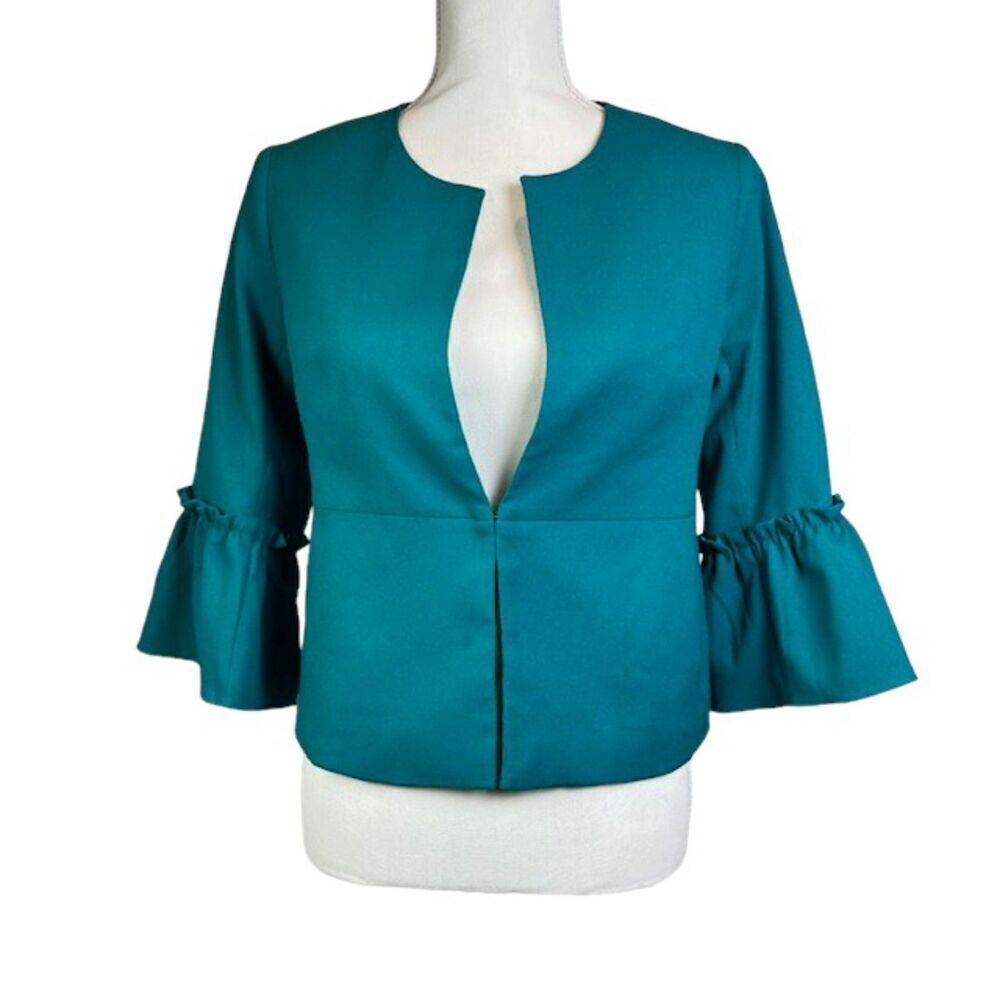 Banana Republic Flute Sleeve Blazer Cosmic Teal Hook Front Closure Pockets PS‎